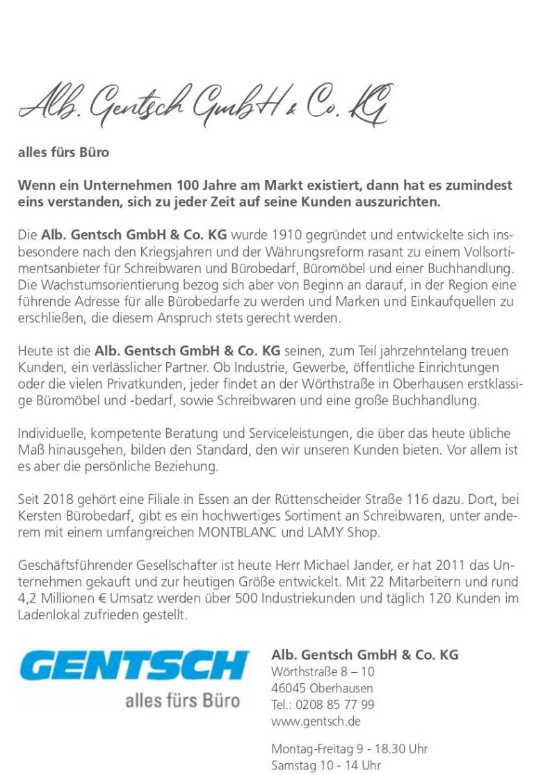 Gentsch Oberhausen Ein Schreiben von GENTSCH GmbH, das Informationen und eine Einladung zum Besuch enthält.