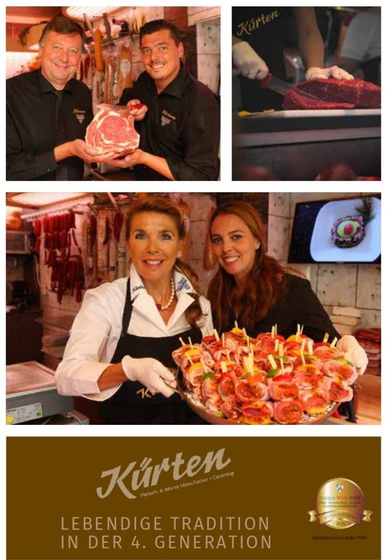 Fleischerei Kürten Drei Personen in einer Metzgerei präsentieren Fleisch und Wurstwaren, Tradition in der 4. Generation.