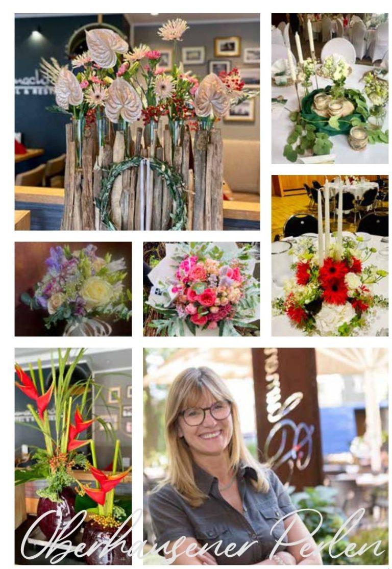 Blumen & Wohnen Lydia Niehüser Blumenarrangements und eine lächelnde Frau in einem eleganten Laden.