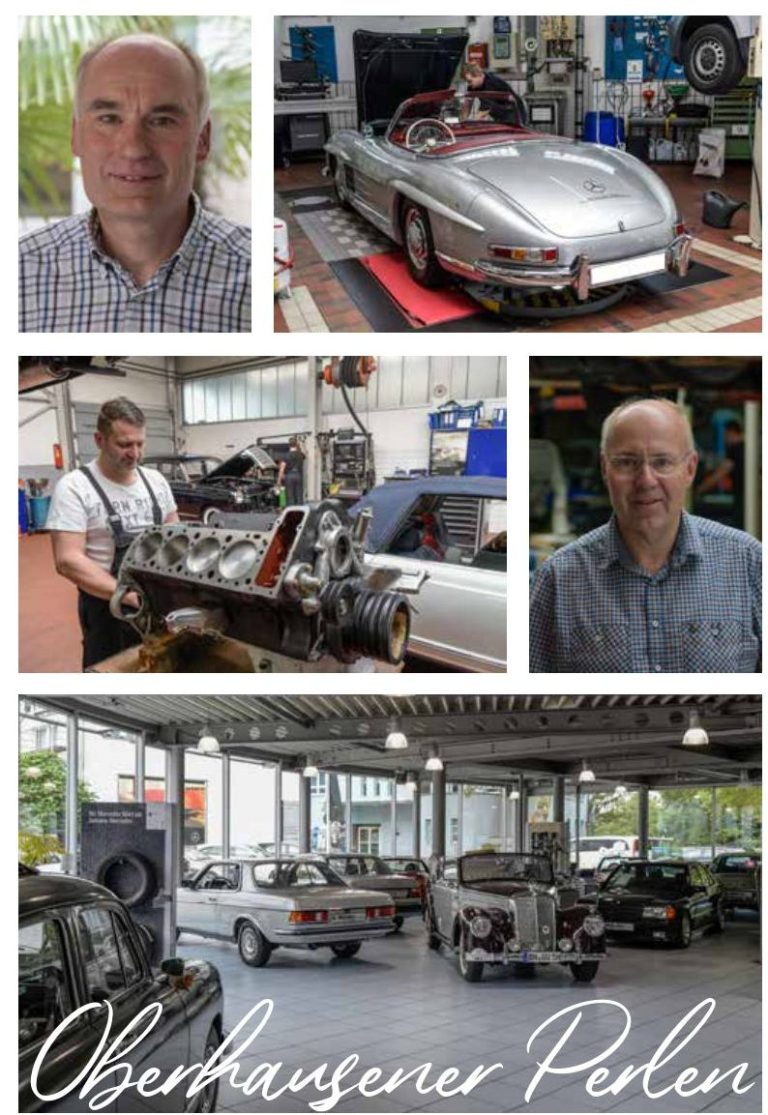 Autohaus Köster Ein Autowerkstatt mit mehreren Oldtimern und Mechanikern bei der Arbeit.