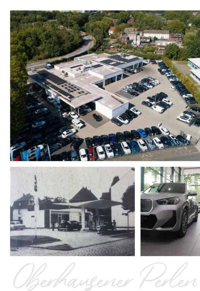 BMW Kruft Luftaufnahme eines Autohauses mit Fahrzeugen und historischem Bild eines alten Bistros.
