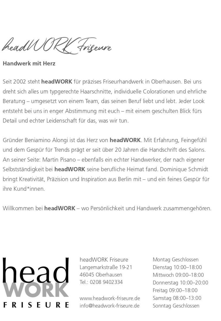 Headwork Friseure Logo und Text von "headWORK", Informationen zu Dienstleistungen und Kontaktmöglichkeiten.